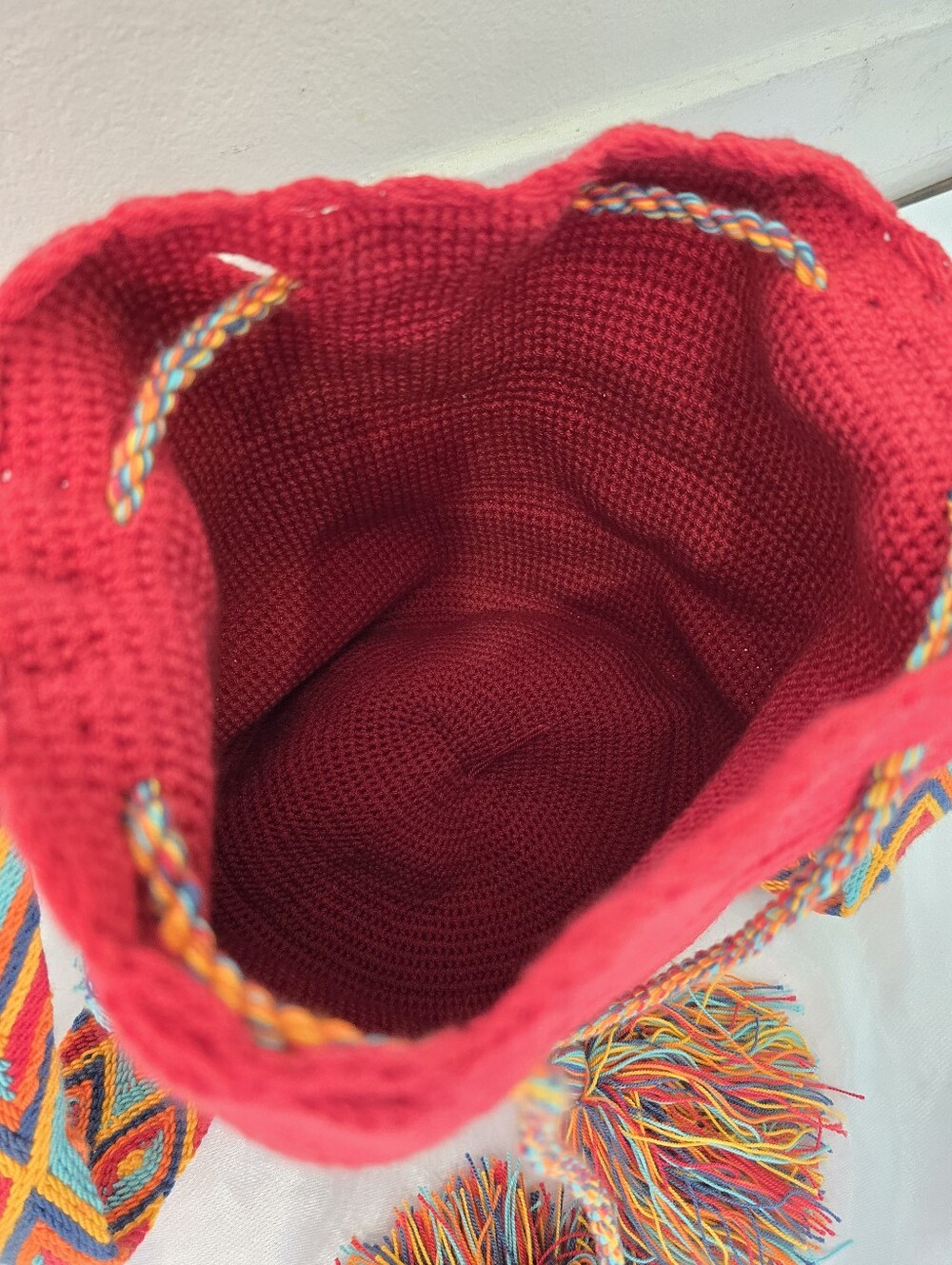 Crochet Bag in Brick Red Wayuu-Style Shoulder Bag with Colorful Strap - Picture 5 of 5